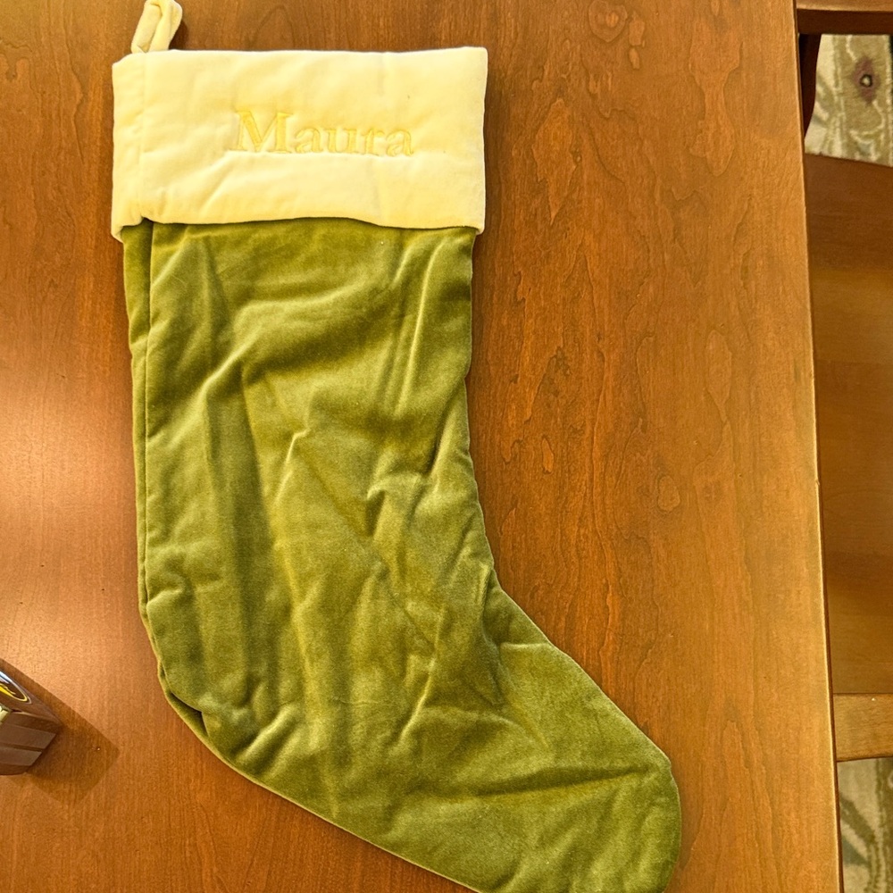 Pottery Barn Green and Cream Holiday Stocking personalized “Maura”